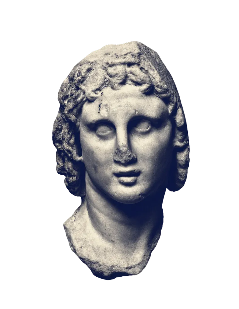 A Hellenistic marble head of Alexander the Great with long hair, tilted slightly upward