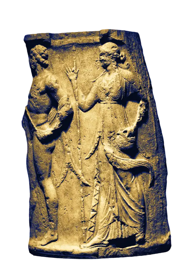 A round Roman marble altar carved in relief with Hermes holding his staff and Athena in a long robe