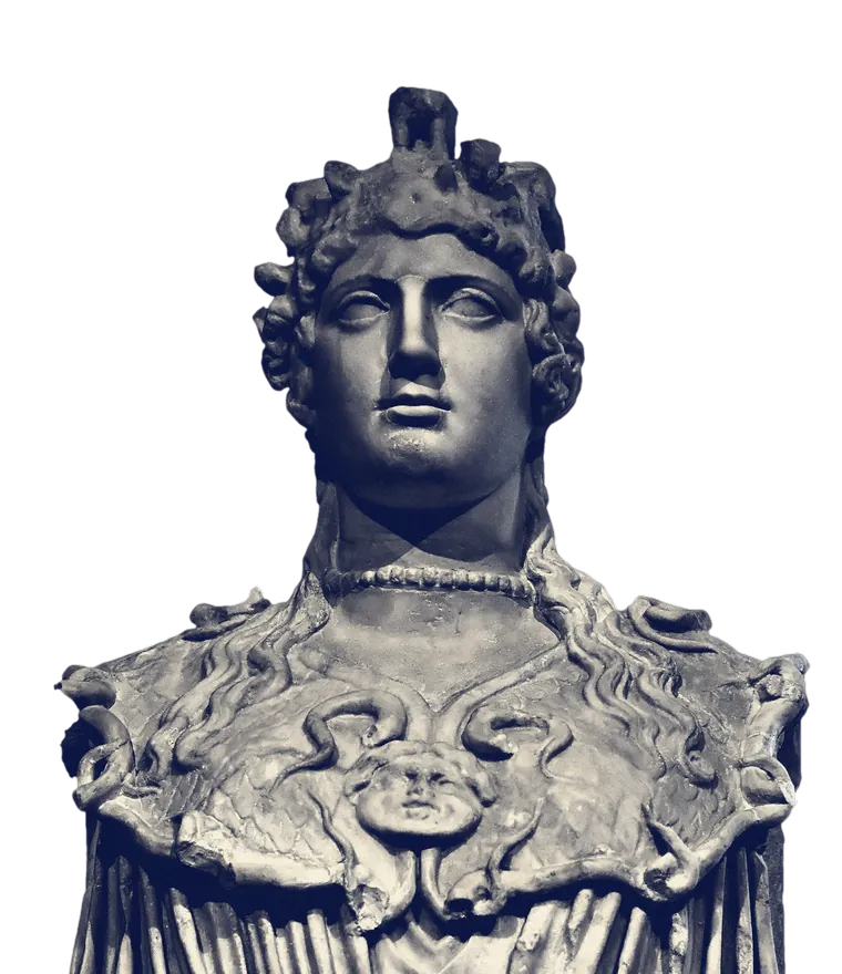 A marble bust of Athena in a crested helmet, wearing the aegis with a Medusa head on the chest