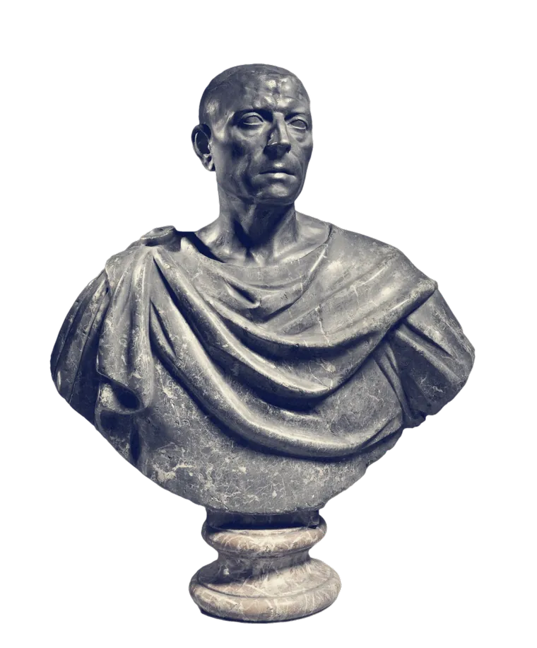 A dark marble bust of a Roman orator in a toga on a red marble base
