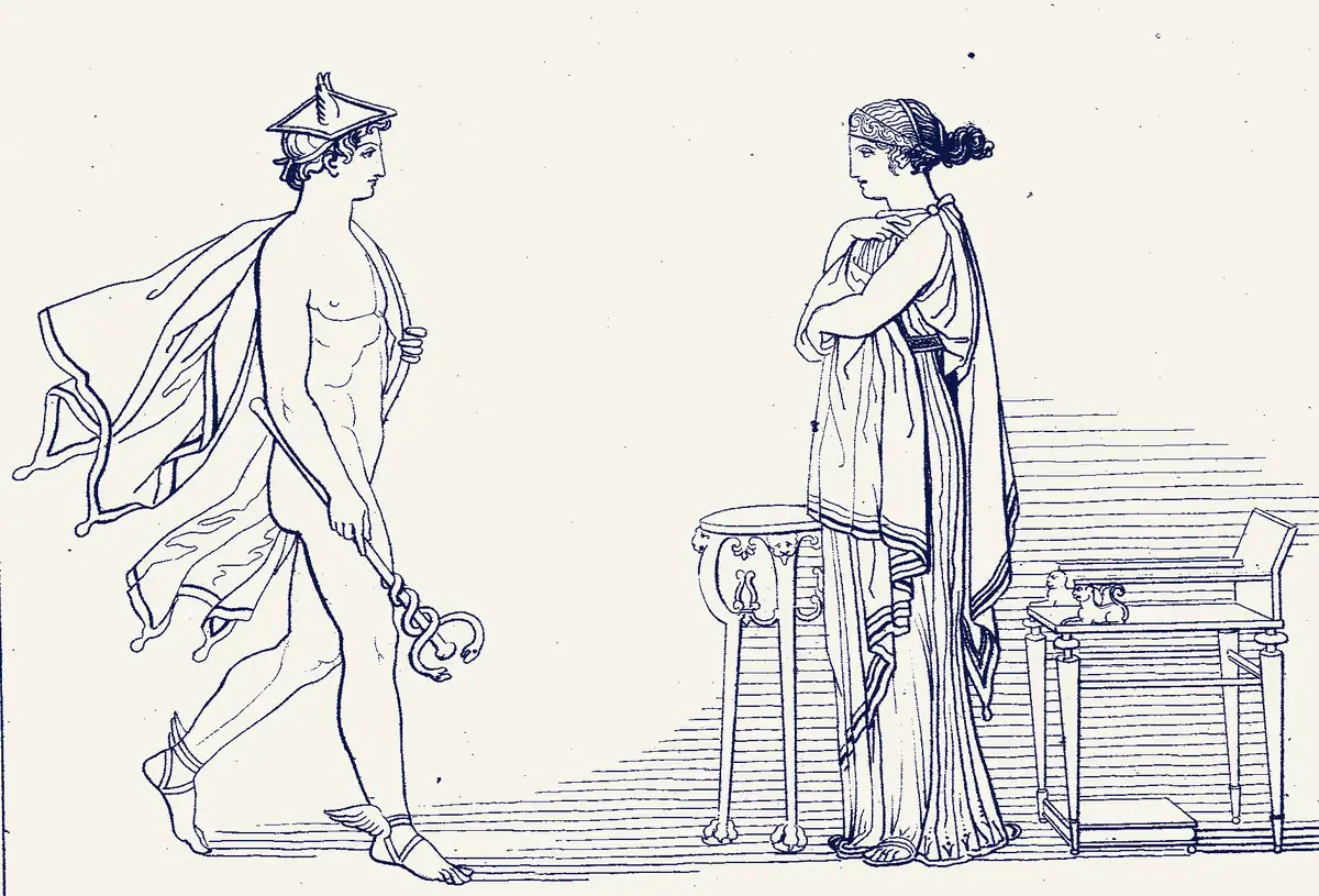 An outline drawing of Hermes in a winged hat holding his staff and speaking to Calypso, who stands beside a chair