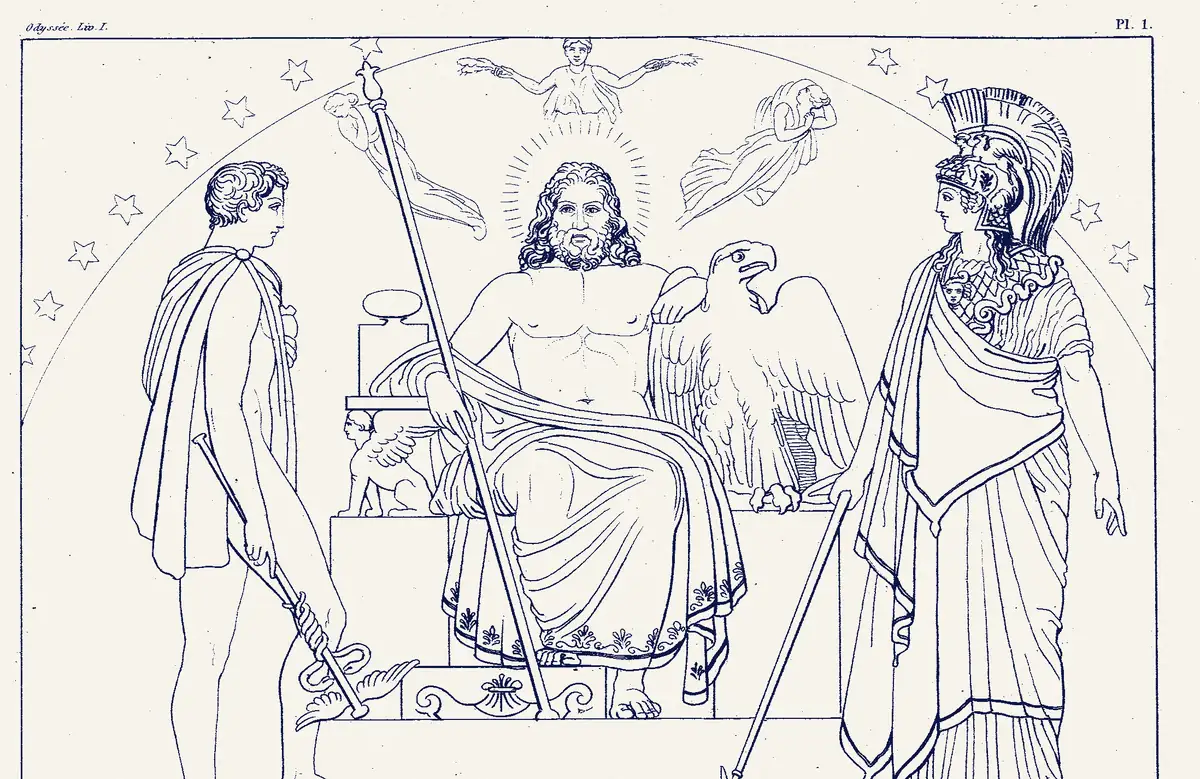 An outline drawing of Zeus enthroned with an eagle, Athena in a crested helmet on one side and Hermes on the other