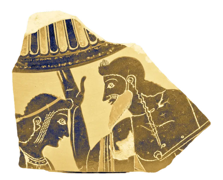 A Greek vase fragment showing the profile heads of Apollo and Zeus in black on orange clay