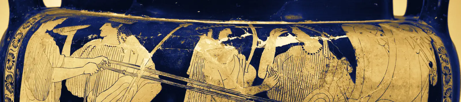 A band of gods and goddesses in long robes standing beside a chariot, painted around a Greek vase and shown in gold on blue