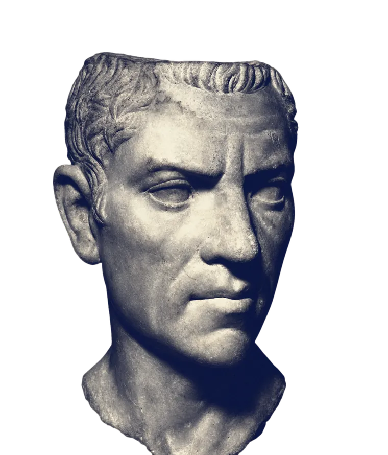 A marble portrait head of a Roman man with a strong jaw and short hair