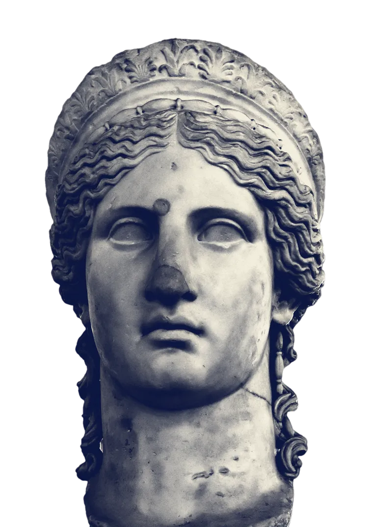 A colossal marble head of Hera with a diadem, calm and frontal