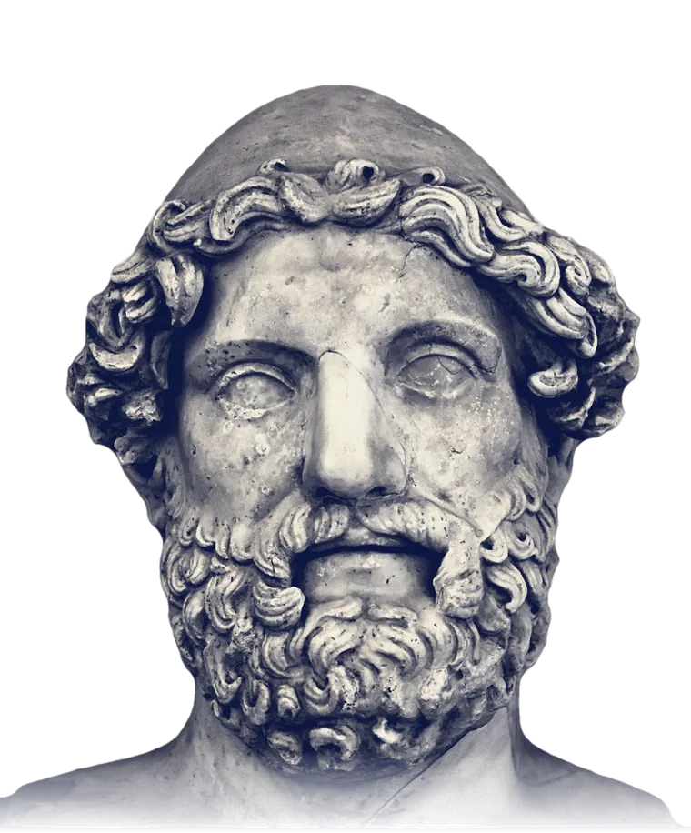 A marble herm of Hermes: a bearded head with tight curls under a close cap of hair