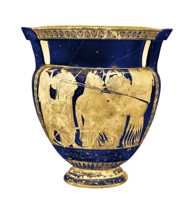 A Greek red-figure mixing bowl painted with gods standing beside a chariot