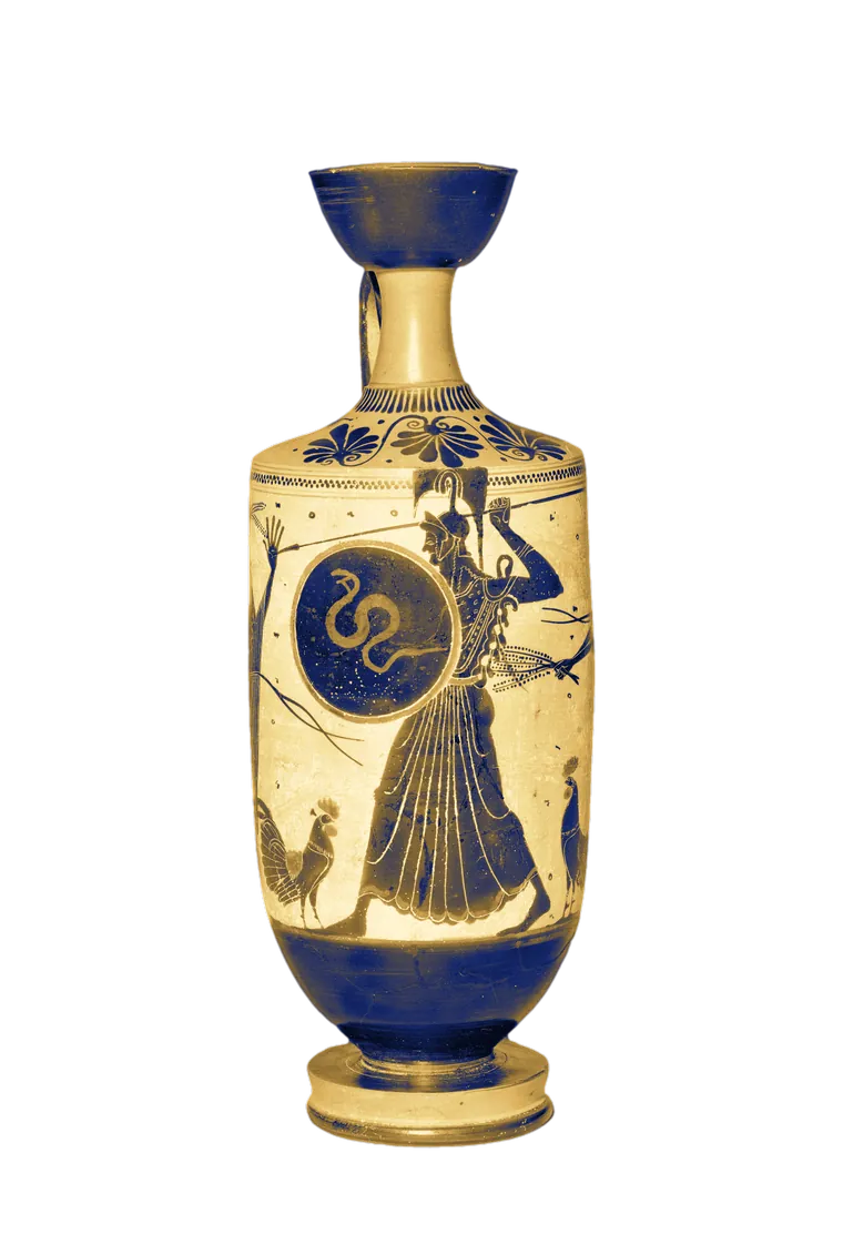 A Greek oil flask with a figure of Athena holding a shield with a serpent, between two cockerels