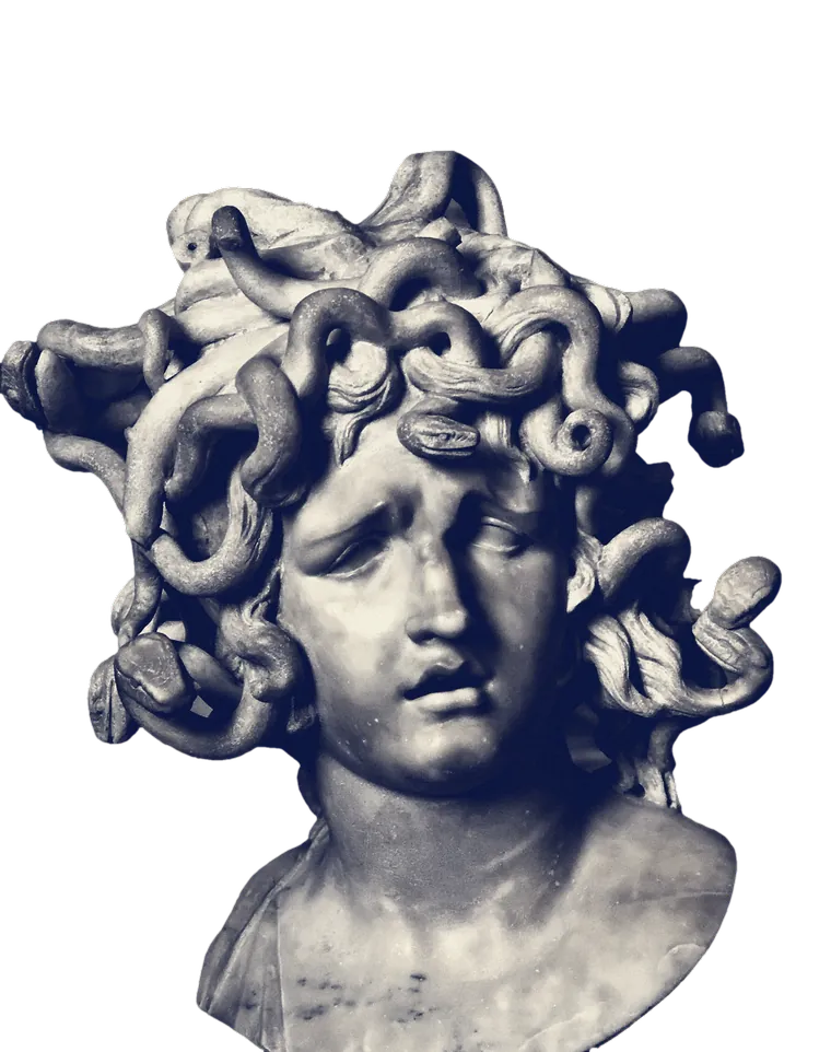 A marble bust of Medusa by Bernini: a young face with a worried brow and snakes for hair