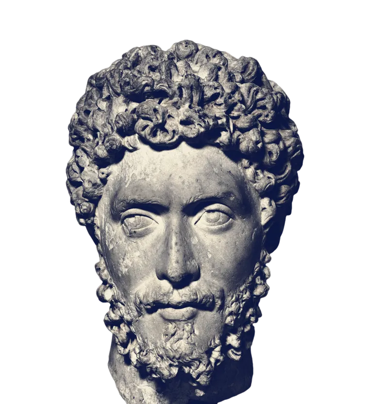 A marble portrait head of a Roman official with thick curls and a short beard