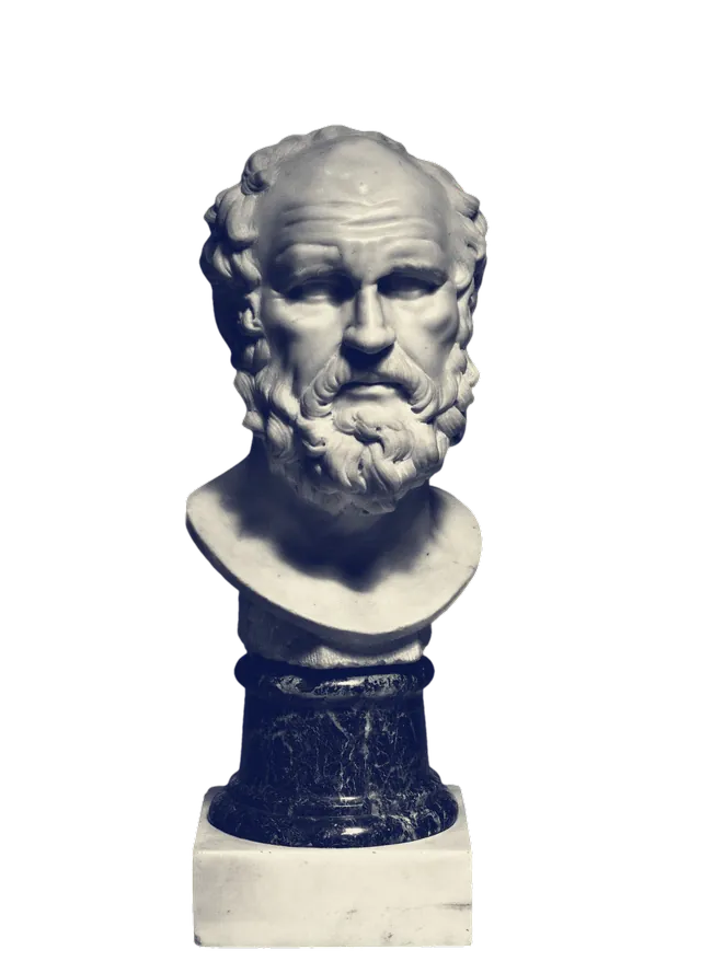 A marble bust of a bald, bearded man on a dark marble socle