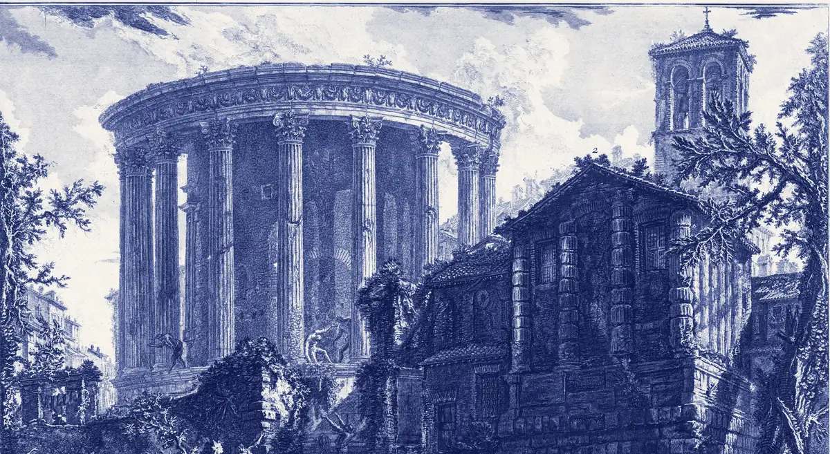 An etching of a small round temple with columns on a cliff at Tivoli