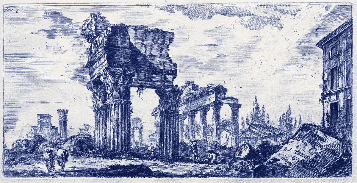 An etching of the three surviving columns of the Temple of Jupiter Tonans among ruins in Rome
