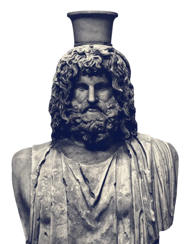 A marble bust of Serapis with long curled hair and beard and a basket-shaped crown